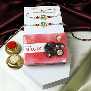 deodap oval design rakhi and lumba five piece set for bhai and bhabhi with chocolate silver colour pooja coin and greeting card