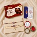 DeoDap Rakhi and Lumba Set for Brother and Bhabhi with Chocolate Coated Almonds, Silver Colour Pooja Coin and Greeting Card - Five Piece Combo