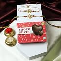 DeoDap Five Piece Rakhi Set for Bhai and Bhabhi with Lumba, 32 g Chocolate, Silver Colour Pooja Coin and Greeting Card for Raksha Bandhan