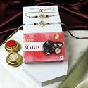 DeoDap Oval Design Rakhi and Lumba Five Piece Set for Bhai and Bhabhi with Chocolate, Silver Colour Pooja Coin and Greeting Card