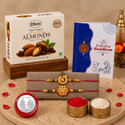 DeoDap Designer Rakhi Combo for Brother with Chocolate Almond(32-GM) Assorted Rakhi, Greeting Card, Chawal Roli Pack, Coins Set (Rakhi set of 2, Chocolate Almond(32Gm), Roli&Chaval, Greeting Card, Coin)