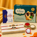 DeoDap Designer Rakhi Combo Gift Set for Brother |Butterscotch 32Gm|Chocolate|Y22K2_252+A27_BS32 Assorted Rakhi, Greeting Card, Coins, Chawal Roli Pack Set (2-Rakhi, Roli&chaval, Greeting Card, Coin, Chocolate)