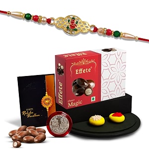 deodap golden beaded thread rakhi for brother with 32 g chocolate silver colour pooja coin tilak set and greeting card for raksha bandhan