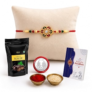 deodap rakhi for brother with choco magic chocolate 40gm flower design pooja coin roli chawal amp card  rakhi with chocolate combo for raksha bandhan