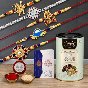 deodap designer rakhi set of 5 for brother  hanuman ji flower amp trishul design with nut butterscotch chocolate 96gm pooja coin roli chawal amp card  rakhi with chocolate combo for raksha bandhan