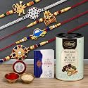 DeoDap Designer Rakhi Set of 5 for Brother – Hanuman Ji, Flower & Trishul Design with Nut Butterscotch Chocolate 96gm, Pooja Coin, Roli Chawal & Card | Rakhi with Chocolate Combo for Raksha Bandhan