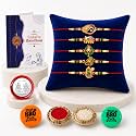 DeoDap Rakhi with Fridge Magnet for Brother – Multicolor Sylish Design Rakhi 5 Pcs with Fridge Magnet 2 Pc, Silver Color Pooja Coin, Greeting Card &amp; Tilak Set – Traditional Raksha Bandhan Combo for Bhai