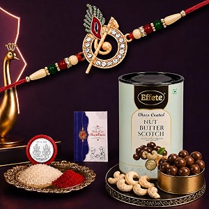 deodap designer murli flute rakhi for brother with choco coated nut butterscotch chocolate 96gm pooja coin roli chawal amp card  rakhi with chocolate combo for raksha bandhan