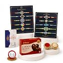 DeoDap Multicolour Rakhi Set of 10 for Brothers and Cousins with 32 g Chocolate, Silver Colour Pooja Coin, Tilak Set and Greeting Card