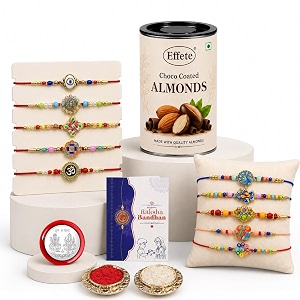 deodap rakhi gift set for brother  pack of 10 designer rakhi with choco coated almonds 96 gram greeting card roli chawal amp silver color pooja coin  raksha bandhan gift combo for bhai