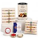 DeoDap Rakhi Gift Set for Brother | Pack of 10 Designer Rakhi with Choco Coated Almonds 96 Gram, Greeting Card, Roli Chawal &amp; Silver Color Pooja Coin | Raksha Bandhan Gift Combo for Bhai