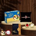 DeoDap Golden Designer Thread Rakhi for Brother with Chocolate, Silver Colour Pooja Coin and Greeting Card for Raksha Bandhan