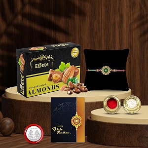 deodap rakhi set for brother with 32 g chocolate coated almonds silver colour pooja coin tilak set and greeting card for raksha bandhan