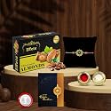 DeoDap Rakhi Set for Brother with 32 g Chocolate Coated Almonds, Silver Colour Pooja Coin, Tilak Set and Greeting Card for Raksha Bandhan