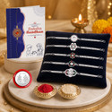 DeoDap Rakhi gift for brother with Greeting Card|Rakhi Set of 5|Silver Coin|Y22K5_NC30 Assorted Gift Box (Multicolor)