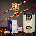 DeoDap Designer Ganesha Rakhi Set of 2 for Brother with Choco Coated Nut Butterscotch Chocolate 96gm, Pooja Coin, Roli Chawal &amp; Card | Rakhi with Chocolate Combo for Raksha Bandhan