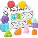 DEOXY Baby Shape Sorting Toy, with Blocks Colorful Cube and Alphabets, Shape Sorting Toy, Learning Activity for Fine Motor Skills for Birthday Gifts for 1 Year Old Girls Boys (14 PCS)