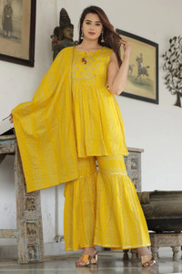 derail women viscose rayon kurta sharara dupatta set