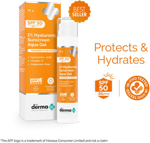 the derma co sunscreen - spf 50 pa 1 hyaluronic sunscreen aqua ultra light gel with spf 50 pa for broad spectrum uv a uv b  blue light protection