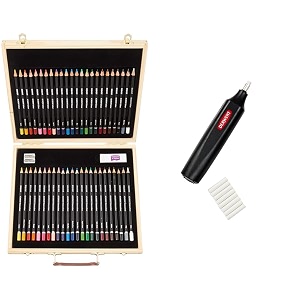 derwent academy colour and watercolour pencils wooden gift box set of 48 amp battery operated eraser with 8 replacement erasers