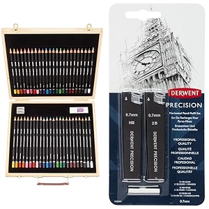 derwent academy colour and watercolour pencils wooden gift box set of 48 amp precision mechanical pencil 07 mm refill setblack