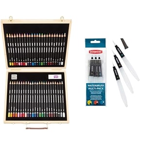 derwent academy colour and watercolour pencils wooden gift box set of 48 amp waterbrush multi-pack brushes with clear water barrel - chisel tip fine tip and medium tip pack of 3