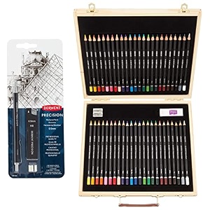 derwent academy colour and watercolour pencils wooden gift box set of 48 amp derwent precision mechanical pencil 05 mm with hb leads and erasers
