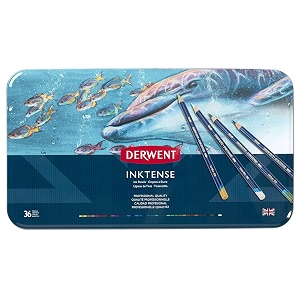 derwent inktense permanent watersoluble pencils tin drawing amp painting ideal for layering use on fabrics wax-based professional quality - 2301842 set of 36