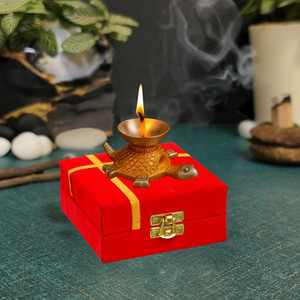 desidecor aluminium diya design tortoise with red gift box decorative showpiece  -  13 cm