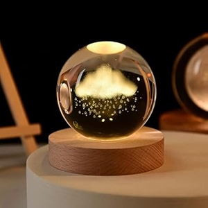 desidiya 3d cloud rain crystal ball night lamp - creative engraved led table light with usb and wooden base perfect for home office decor and birthdays- warm white