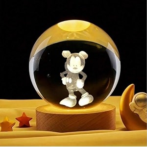 desidiya 3d micky crystal ball night light 24 inch glass ball night led lamp with woodern base perfect for gift