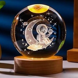 desidiya 3d moon astronaut crystal ball night light with wooden base - led usb table lamp for kids teens and home decor