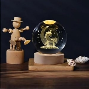 desidiya 3d unicorn crystal ball night light with wooden base - led usb table lamp for kids teens and home decor