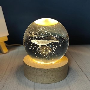 desidiya whale 3d crystal ball night light with wooden base - led usb table lamp for kids teens and home decor