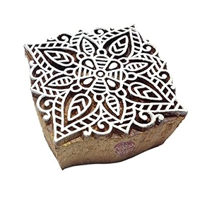 designer square mandala pattern wood print textile stamp - diy henna fabric textile paper clay pottery block printing stamp