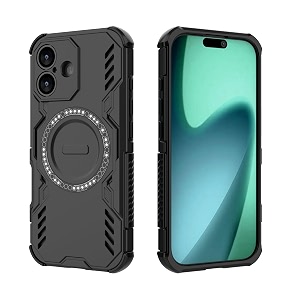 designerz hub back cover for iphone 17  rugged shockproof armor case with magnetic metal ring supports magsafe charger amp car mount  military grade protection  black