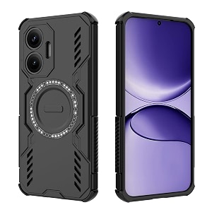 designerz hub back cover for poco f7 5g  shockproof case with magnetic metal ring supports magsafe charger amp car mount  military grade protection  black