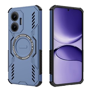 designerz hub back cover for poco f7 5g  shockproof case with magnetic metal ring supports magsafe charger amp car mount  military grade protection  blue