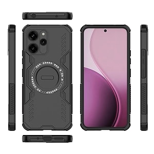 designerz hub back cover for redmi 12 5g  case with magnetic metal ring supports magsafe charger amp car mount  military grade protection  black
