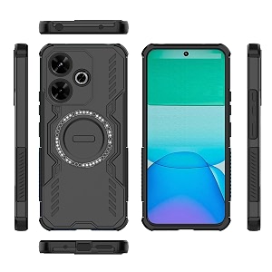 designerz hub back cover for redmi 13 4g  shockproof case with magnetic metal ring supports magsafe charger amp car mount  military grade protection  black
