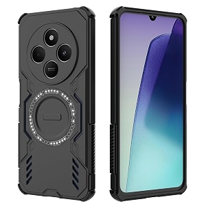 designerz hub back cover for redmi 14c 4g  shockproof case with magnetic metal ring supports magsafe charger amp car mount  military grade protection  black