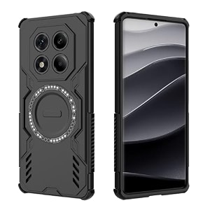 designerz hub back cover for redmi note 14 pro  shockproof case with magnetic metal ring supports magsafe charger amp car mount  military grade protection  black