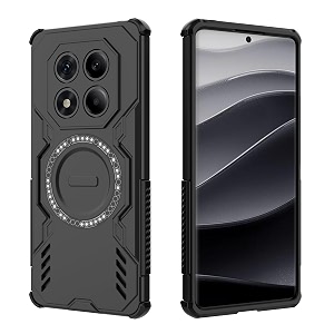 designerz hub back cover for redmi note 14 pro plus  shockproof case with magnetic metal ring supports magsafe charger amp car mount  military grade protection  black