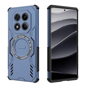 designerz hub back cover for redmi note 14 pro  shockproof case with magnetic metal ring supports magsafe charger amp car mount  military grade protection  blue