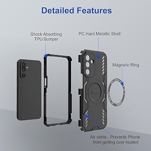 designerz hub back cover for samsung galaxy m36 5g  shockproof case with magnetic metal ring supports magsafe charger amp car mount  military grade protection  black