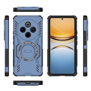 designerz hub back cover for vivo t4 5g  shockproof case with magnetic metal ring supports magsafe charger amp car mount  military grade protection  blue