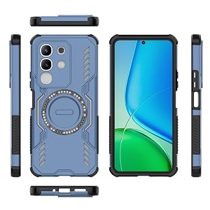 designerz hub back cover for vivo t4x 5g  rugged shockproof armor case with magnetic metal ring supports magsafe charger amp car mount  military grade protection  blue