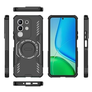 designerz hub back cover for vivo t4x 5g  rugged shockproof armor case with magnetic metal ring supports magsafe chamobile bacrger amp car mount  military grade protection  black