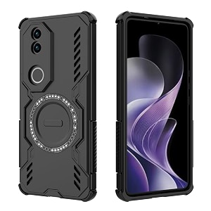 designerz hub back cover for vivo v50  shockproof case with magnetic metal ring supports magsafe charger amp car mount  military grade protection  black