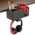 Desk Cup Holder Clamp, Clip On Drink Holder with Rotating Headphone Hanger